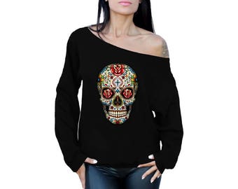 Day Of The Dead Sugar Skull Women's Sweatshirt, Off Shoulder Face Skull Roses Halloween Sweatshirt Outfit Gift