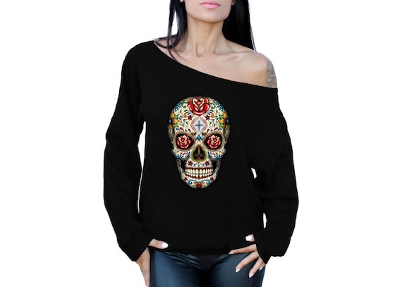 Halloween Sweatshirt Demonized Sugar Skull Off Shoulder Tops for Women 
