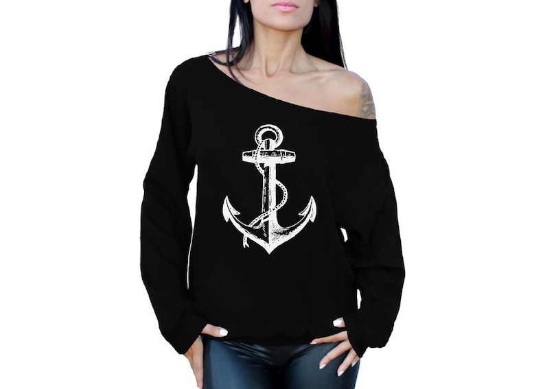 Anchor Off Shoulder Sweatshirt for Women White Anchor Oversized Sweater Boat Anchor Sweatshirt Marine Gifts for Her Women/'s Navy Sweater