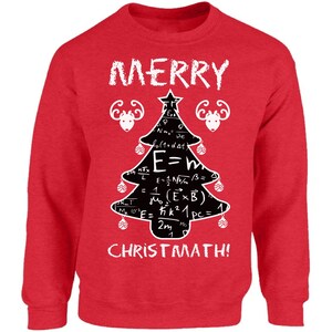 May include: Red Christmas sweater with a black and white illustration of a Christmas tree with math equations and the text "MERRY" and "CHRISTMATH!"