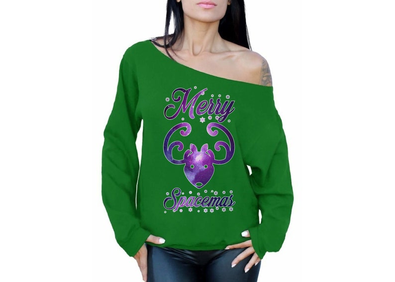 Merry Spacemas Christmas Off Shoulder Sweatshirt Xmas Reindeer Ugly Christmas Sweater Christmas Reindeer Gifts.