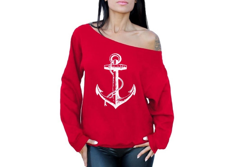 Anchor Off Shoulder Sweatshirt for Women White Anchor Oversized Sweater Boat Anchor Sweatshirt Marine Gifts for Her Women/'s Navy Sweater