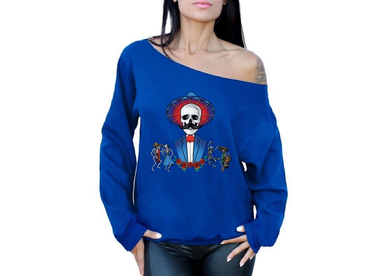 Sweatshirts Off Shoulder Mustache Skull Day of the Dead Tops Gifts