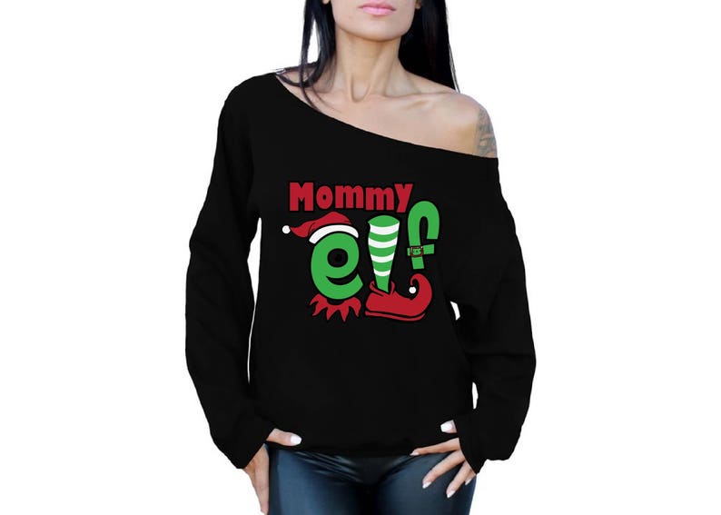 Mommy Elf Holiday Off Shoulder Sweatshirt Tacky Mommy Elf Christmas Off Shoulder Top for Women Xmas Mom Gifts Elf Off Shoulder Top for Her