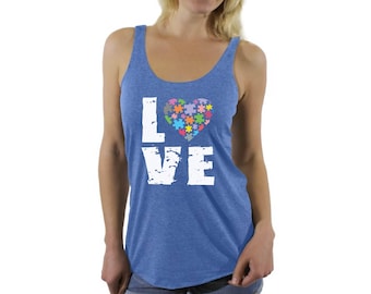 Autism Awareness Love Puzzles Racerback Tank Tops Fitness Tank Top Autistic Support Puzzle Piece ASD Autism