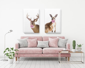 Känguru mit Kaugummi. Süße Tier Leinwand Wandkunst. Tiere Set. Malerei Kunst. HousewarmingGeschenke Ideen. Hirsch Kaugummi. Kinder-Set von 2.