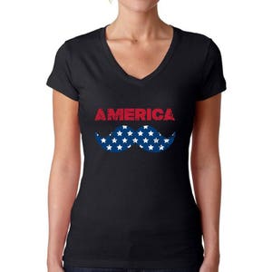 America USA Flag Mustache V-neck T shirts Tops USA Women&#39;s Shirts Fourth of July Hipster shirt Patriotic Gift