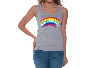 Good Vibes Sleeveless Shirt Positivity Tank Tops for Women Rainbow Tee