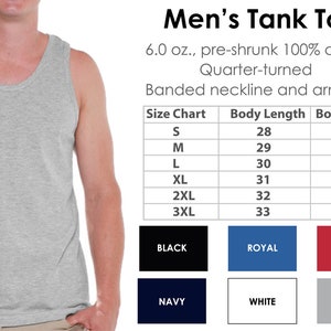 May include: A gray tank top with a banded neckline and armholes. The size chart shows measurements in inches for body length and boy width. The available colors are black, royal, red, navy, white, and gray.