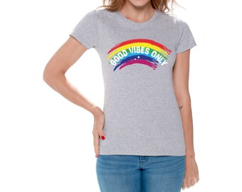 Good Vibes T-Shirt Positivity T Shirts for Women Rainbow Tee