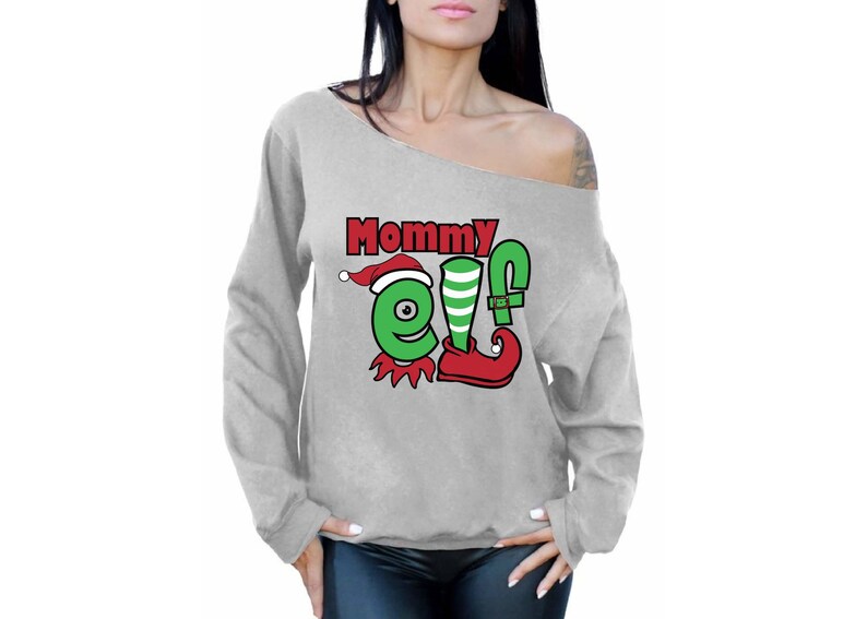 Mommy Elf Holiday Off Shoulder Sweatshirt Tacky Mommy Elf Christmas Off Shoulder Top for Women Xmas Mom Gifts Elf Off Shoulder Top for Her