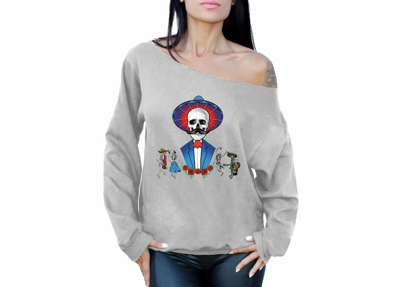 Sweatshirts Off Shoulder Mustache Skull Day of the Dead Tops Gifts