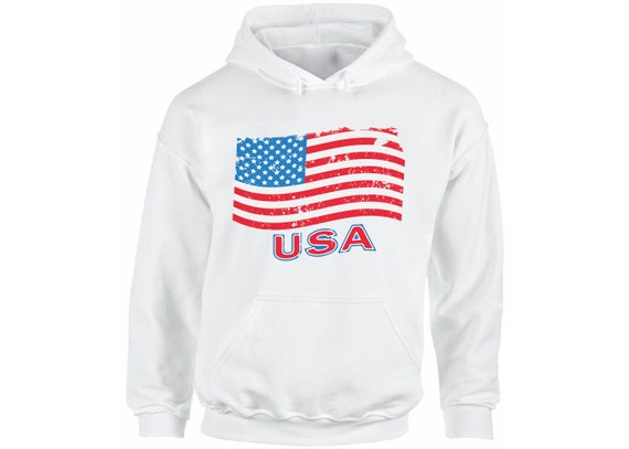 USA Flag Unisex Hooded Hoodie Sweatshirt 4th of July White US Flag Vintage