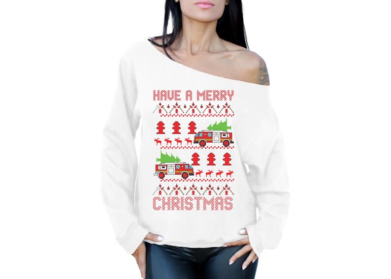 Off Shoulder Firetruck Christmas Sweatshirt Xmas Firefighter Gifts.