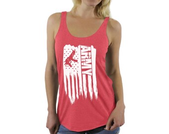 May include: Red tank top with a white distressed American flag design and the word "ARMY" printed vertically on the flag.