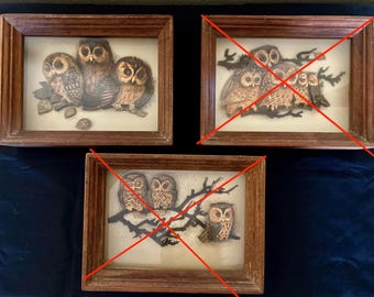 Vintage 1970s Owl 2D Decoupage Pictures Intricate Handmade Two Pictures Each SOLD SEPARATELY