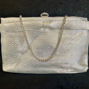Vintage 1950s After Five Silver Lame Handbag Purse With Bow Accent And SIlver Chain Handle