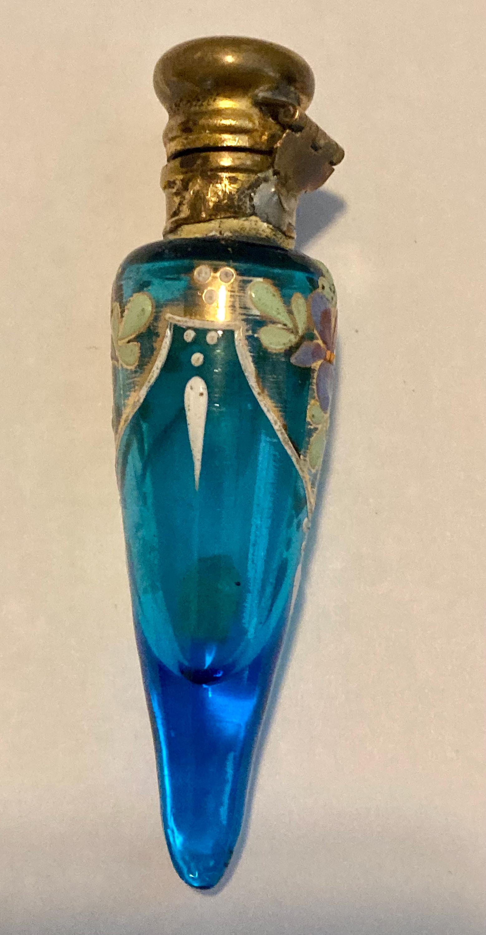Antique 1900s Hand Painted Aqua Glass Teardrop Perfume Bottle With 