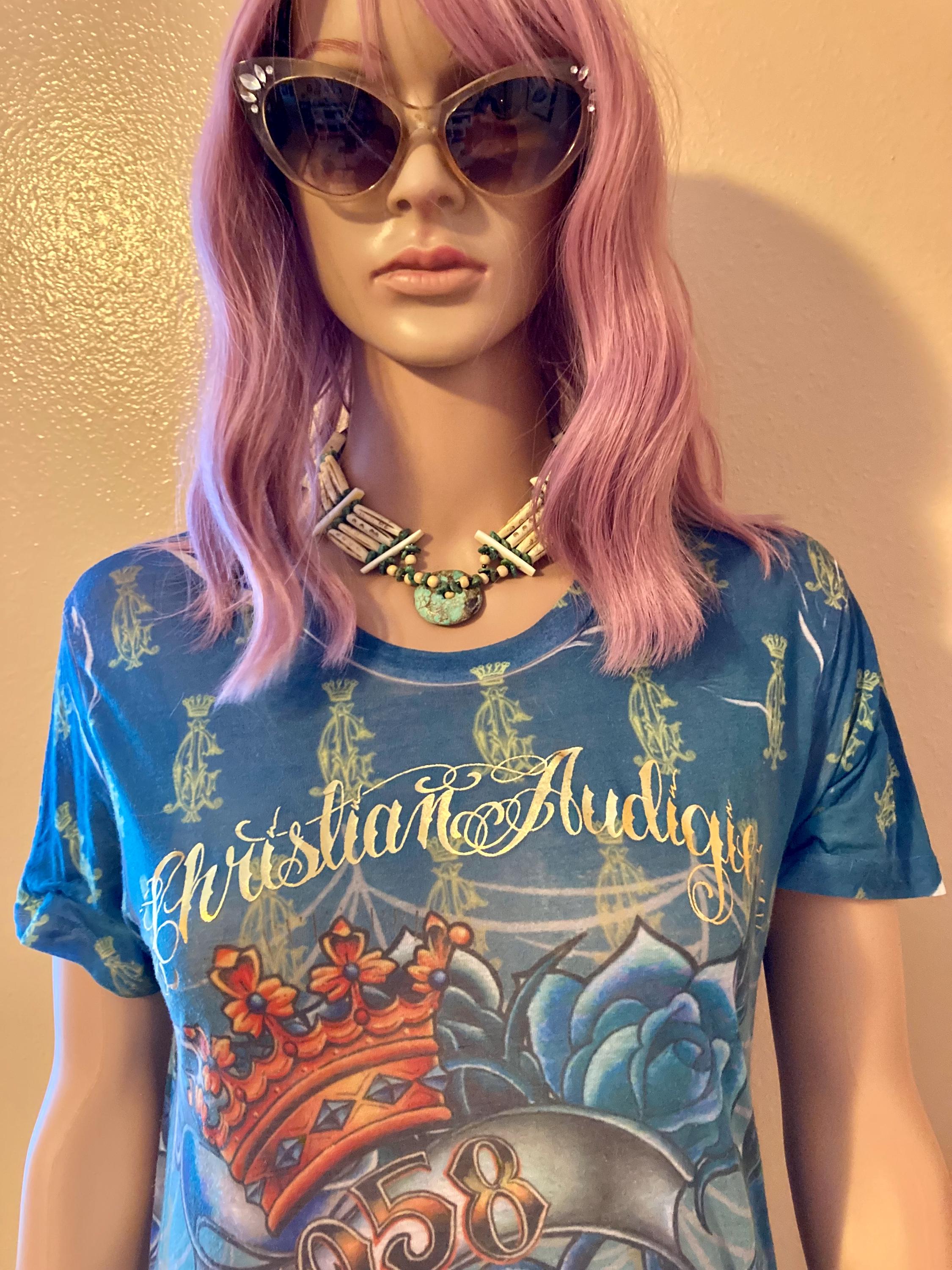 Christian Audigier スカル　骸骨　半袖　ロング　Tシャツ Christian Audigier スカル 骸骨 半袖 ロング Tシャツ - メルカリ
