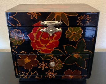 Vintage 1990s Hand Painted Floral Wooden Lacquered Jewelry Box