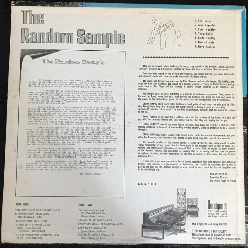 May include: A vintage vinyl record album titled "The Random Sample." The album cover features text and a drawing of several figures. The back cover lists song titles and credits. The album is a stereo, hi-fidelity recording.