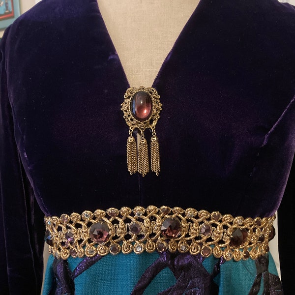 Vintage 1960s Cocktail Dress With Purple Velvet Bodice, Jeweled Trim And Ornate Brooch Bright Blue And Purple Bottom Maxi Dress