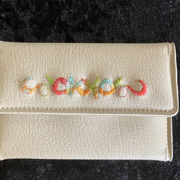 Vintage 1970s Key Wallet Ivory Plastic with Multi Colored Stitching Design