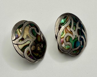 Vintage 1950s Taxco Sterling Silver And Abalone Screw Back Earrings