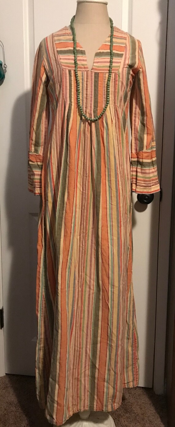 Vintage 1970s Green And Orange Striped Gauze Cotto