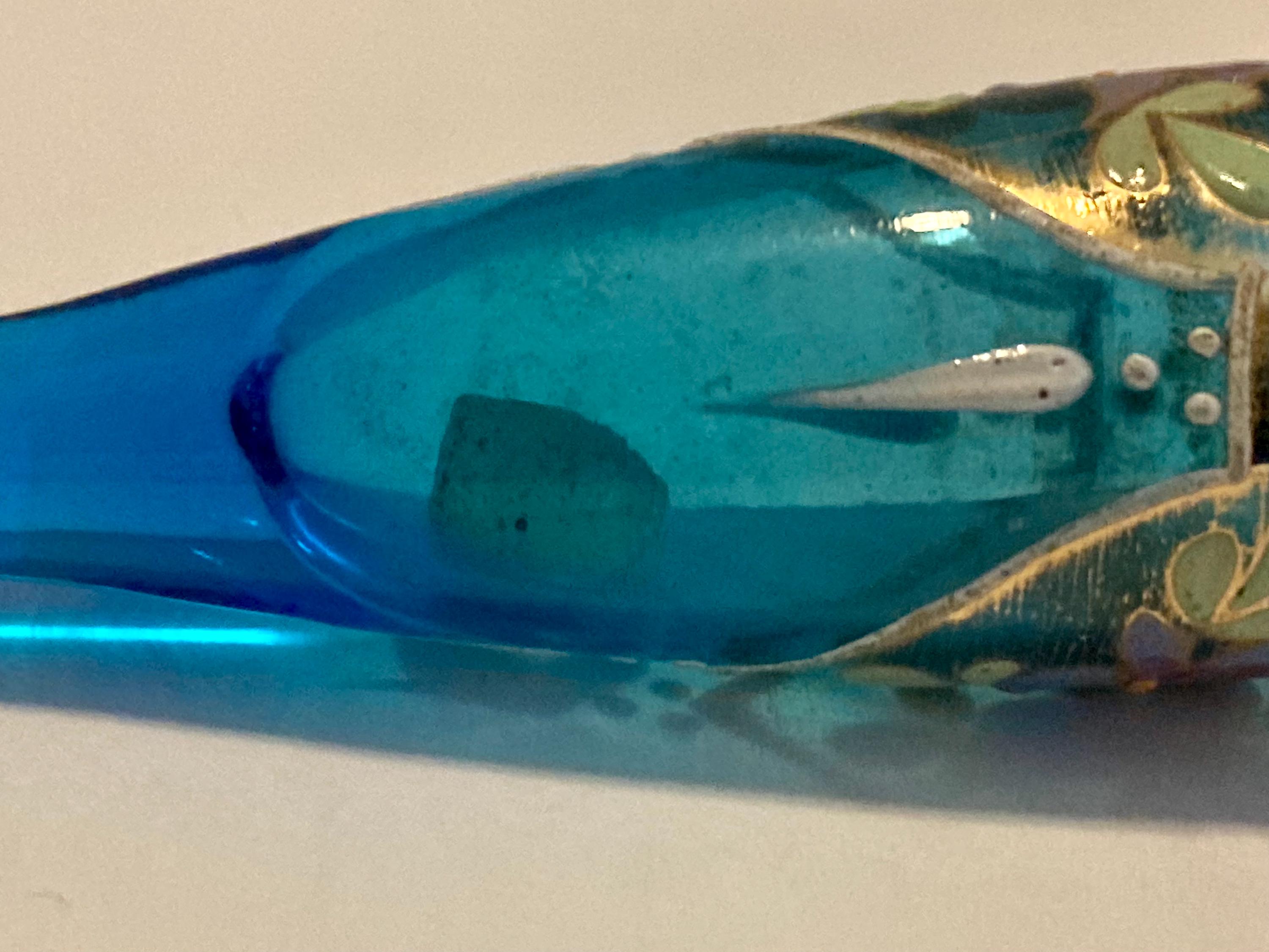 Antique 1900s Hand Painted Aqua Glass Teardrop Perfume Bottle With 