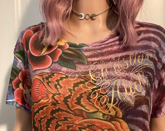 T-shirt ED HARDY By Christian Audigier - Imprimé Félins Rose Taille L - Neuf Avec étiquette