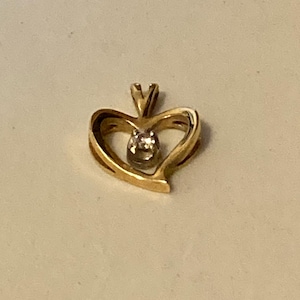 Vintage 1980s 14K Yellow Gold Open Heart With Diamond Charm or Pendant