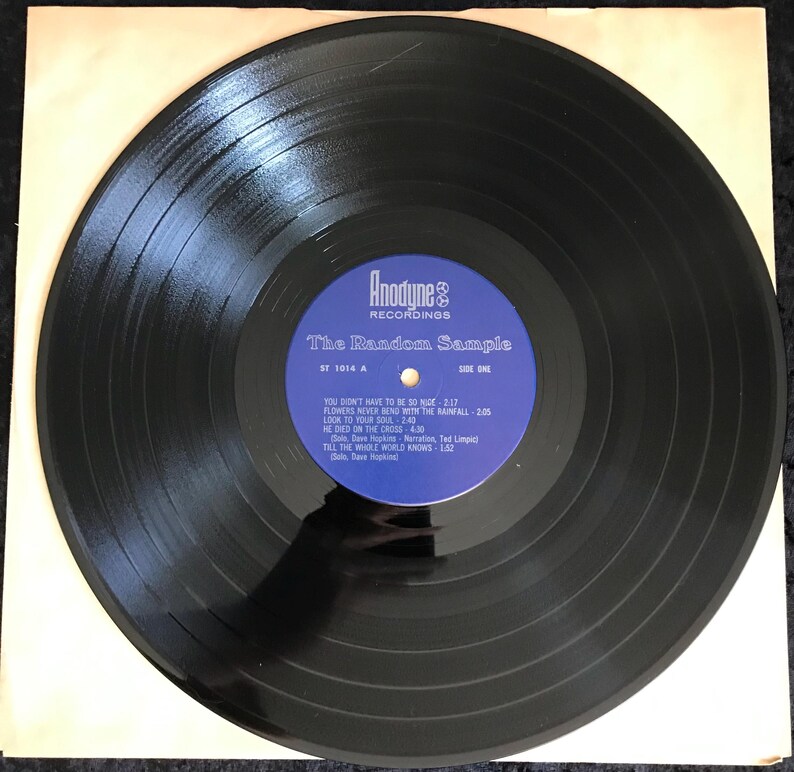 May include: A black vinyl record with the title "The Random Sample" and a blue label. The record's tracklist includes songs like "You Don't Have to Be So Nice" and "Flowers Never Bend With The Rainfall."