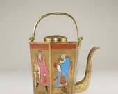 Vintage Teapot Chinese Brass Teapots with Enameled and Hand Painted Figures Hexagonal Teapot