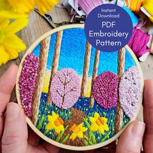 Spring Hand Embroidery Designs, Nature Embroidery PDF Pattern, Slow Stitch Woodland Embroidery image 6