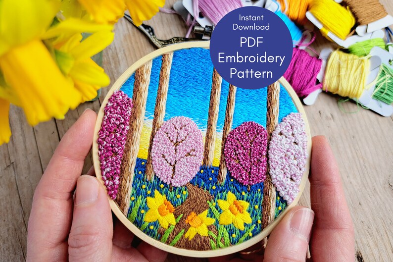 Spring Hand Embroidery Designs, Nature Embroidery PDF Pattern, Slow Stitch Woodland Embroidery image 6