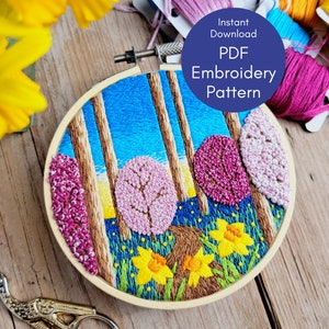 Spring Hand Embroidery Designs, Nature Embroidery PDF Pattern, Slow Stitch Woodland Embroidery image 1