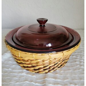 Vintage Cranberry Vision 1Q Casserole Dish with Lid and Basket