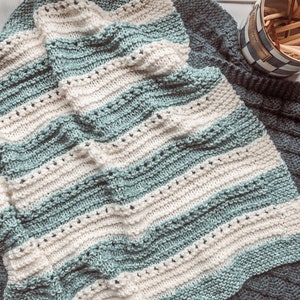 May include: A soft, striped knitted blanket in shades of teal and white. The blanket is folded and draped over a textured surface.