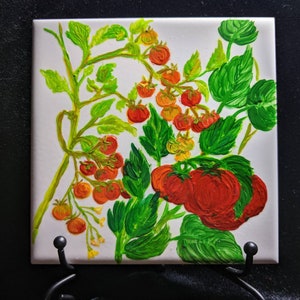 Hand painted 4&quot;x 4&quot; acrylic paint on ceramic tile;  Harvest Collection piece titled &quot;Tomatoes Galore&quot;