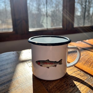 Rainbow Trout Enamel Mug: Vintage Camping Coffee Cup, 12 oz