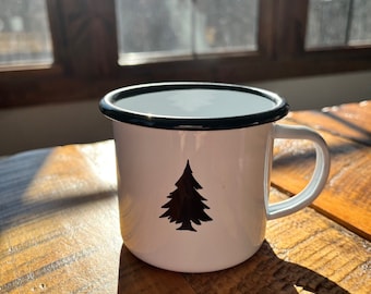 Pine Tree Enamel Coffee Mug, Camping Mug, Outdoor Mug, Enamel Coffee Mug, Enamel Camping Mug, Pine Tree Mug, Pine Tree Cup