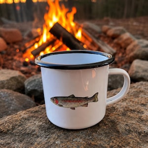 Rainbow Trout Enamel Mug: Vintage Camping Coffee Cup, 12 oz