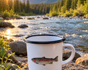 Rainbow Trout Enamel Mug: Vintage Camping Coffee Cup, 12 oz