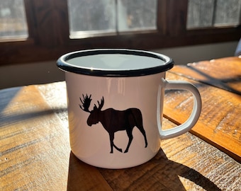 Moose Enamel Coffee Mug, Camping Mug, Outdoor Mug, Enamel Coffee Mug, Enamel Camping Mug, Moose Cup