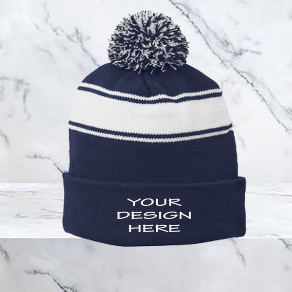 Custom beanie / Custom Stripe Pom Pom Beanie / Custom Gift / Gifts / Personalized Beanie / Unisex Beanie / Custom Gift / Embroidered beanie