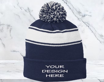 Custom beanie / Custom Stripe Pom Pom Beanie / Custom Gift / Gifts / Personalized Beanie / Unisex Beanie / Custom Gift / Embroidered beanie