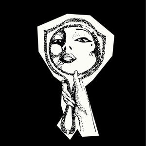 May include: Black and white illustration of a woman holding a hand mirror. The woman's face is reflected in the mirror, with a detailed outline of her features. The mirror has a decorative border and a handle.