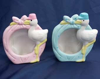 Vintage Stork Baby Frame, Pink Stork Frame, Blue Ceramic Stork Frame, Baby Shower Gift, Nursery Decorations,Table Decor, Unique Party Favor