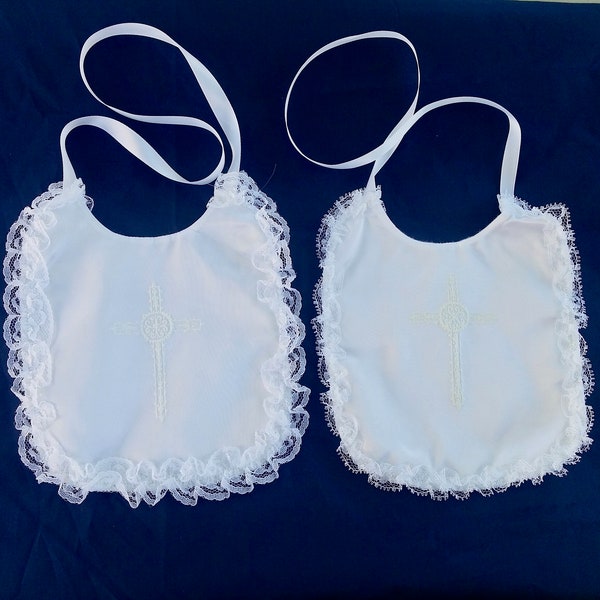 Girls Cross & White Lace Bib, White Bib, Vintage Baptism Bib, Christening Wear, White Lace Baby Bib, Soft Back, White Cross, Lace Edge